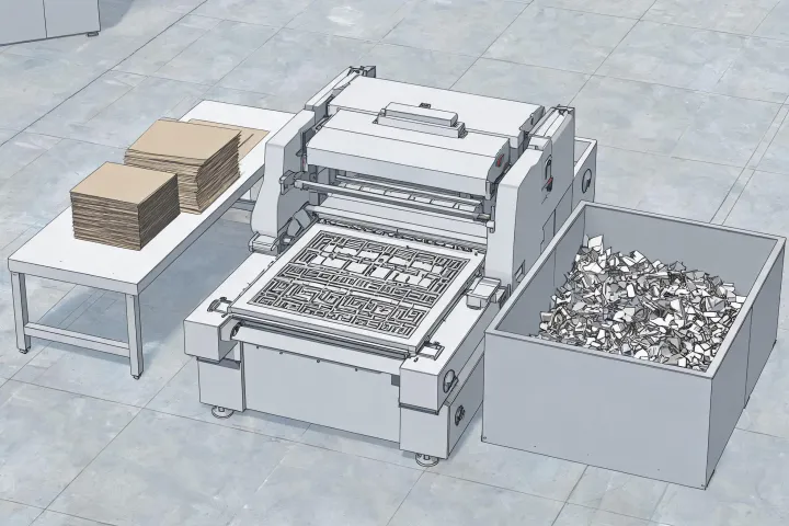 Schematic converting cell with flat-bed press, die table and scrap path, not a published street map