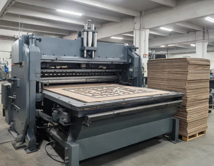 Hydraulic flat-bed industrial die cutting press with steel rule die on the cutting pad